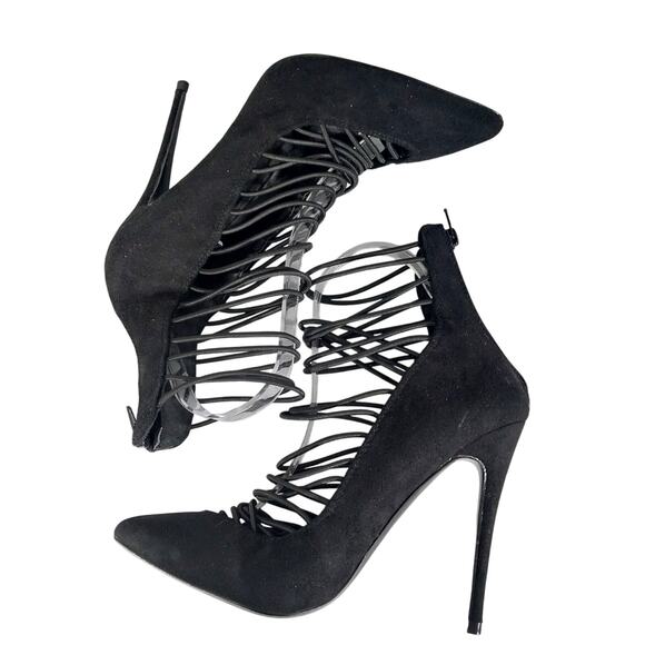 NWOT!JACOBIES! BLACK VEGAN SUEDE MICROFIBER LADDER STRAPPED ANKLE BOOTS! SZ 7.5M - Picture 4 of 9